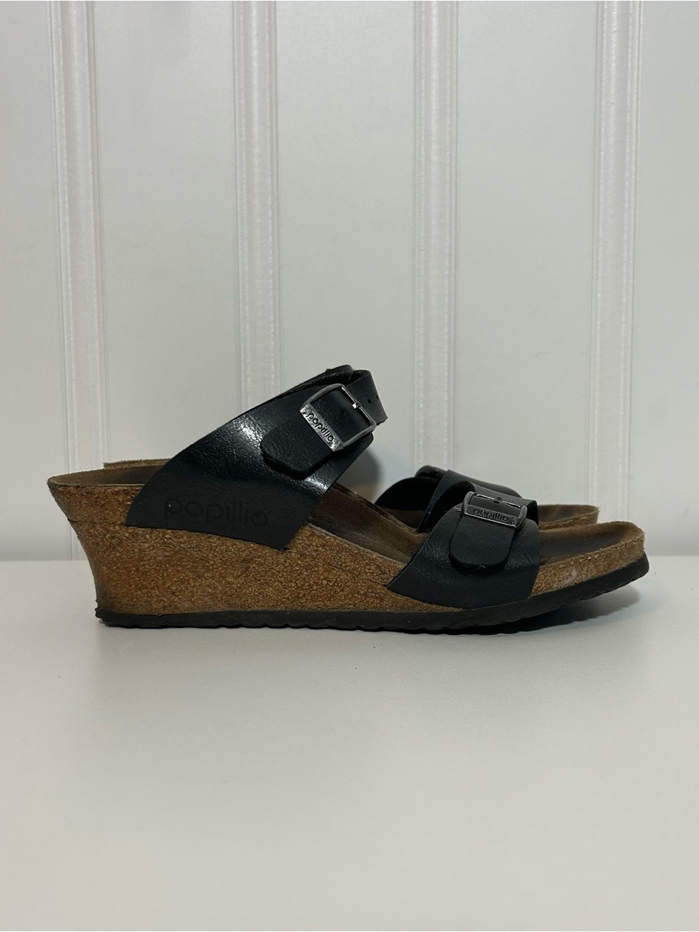 Papillio Dorothy Black Leather Wedge Sandals